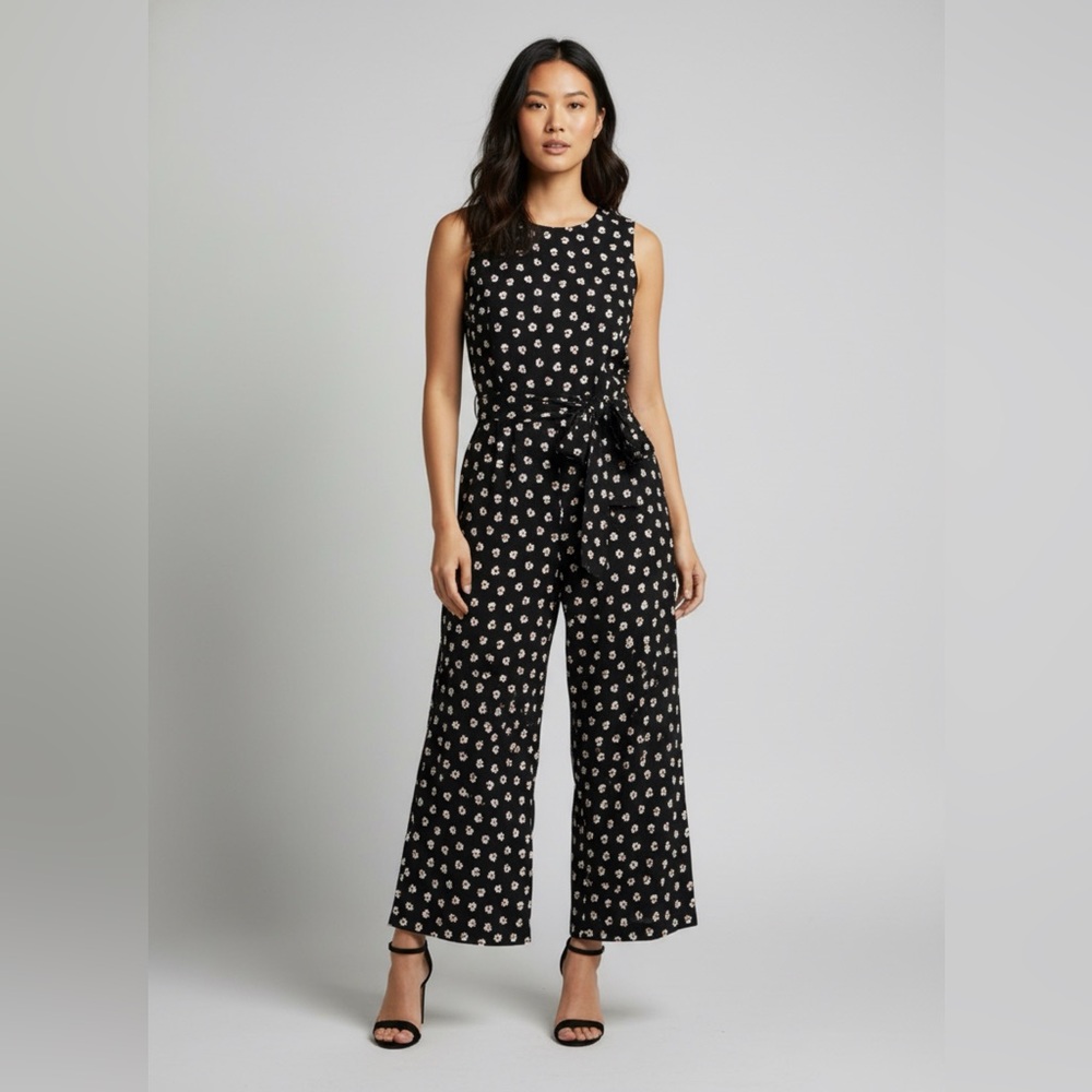 Tommy Hilfiger‎ Womens Black Floral Sleeveless Jumpsuit size 10 Pockets Belt